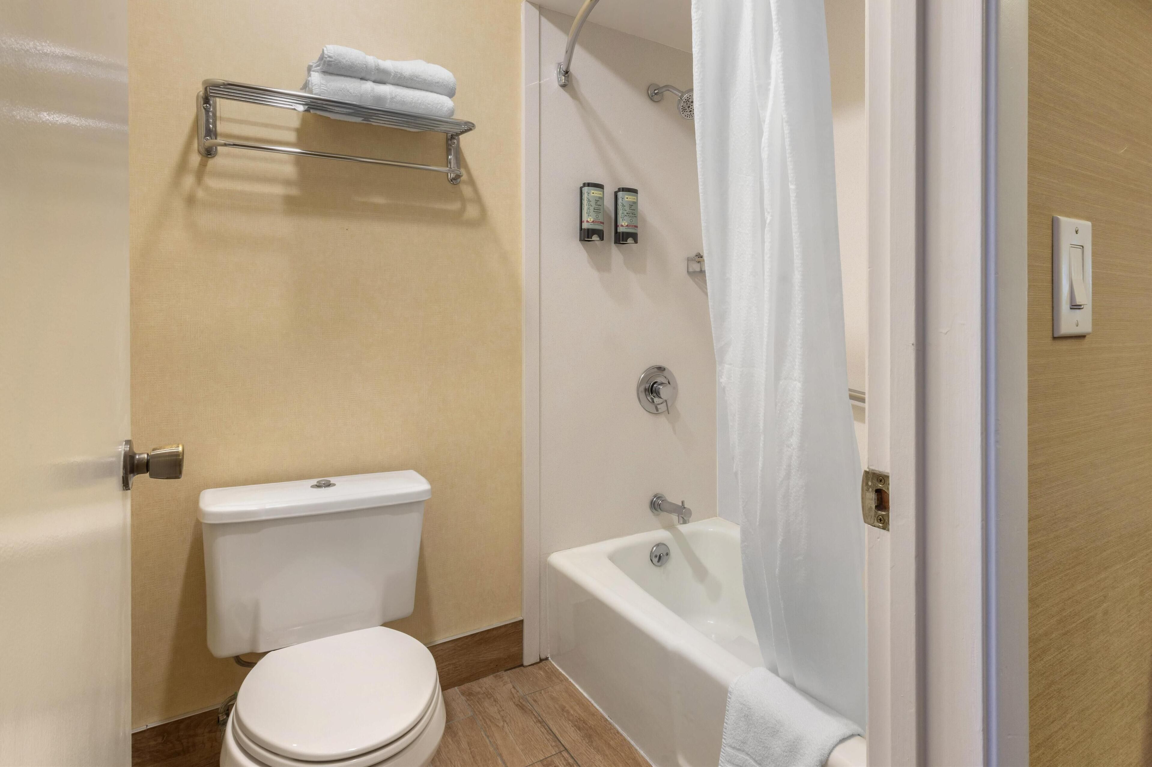standard room, 1 king bed, non smoking, refrigerator & microwave | bathroom | combined shower/bathtub, free toiletries, hair dryer, towels