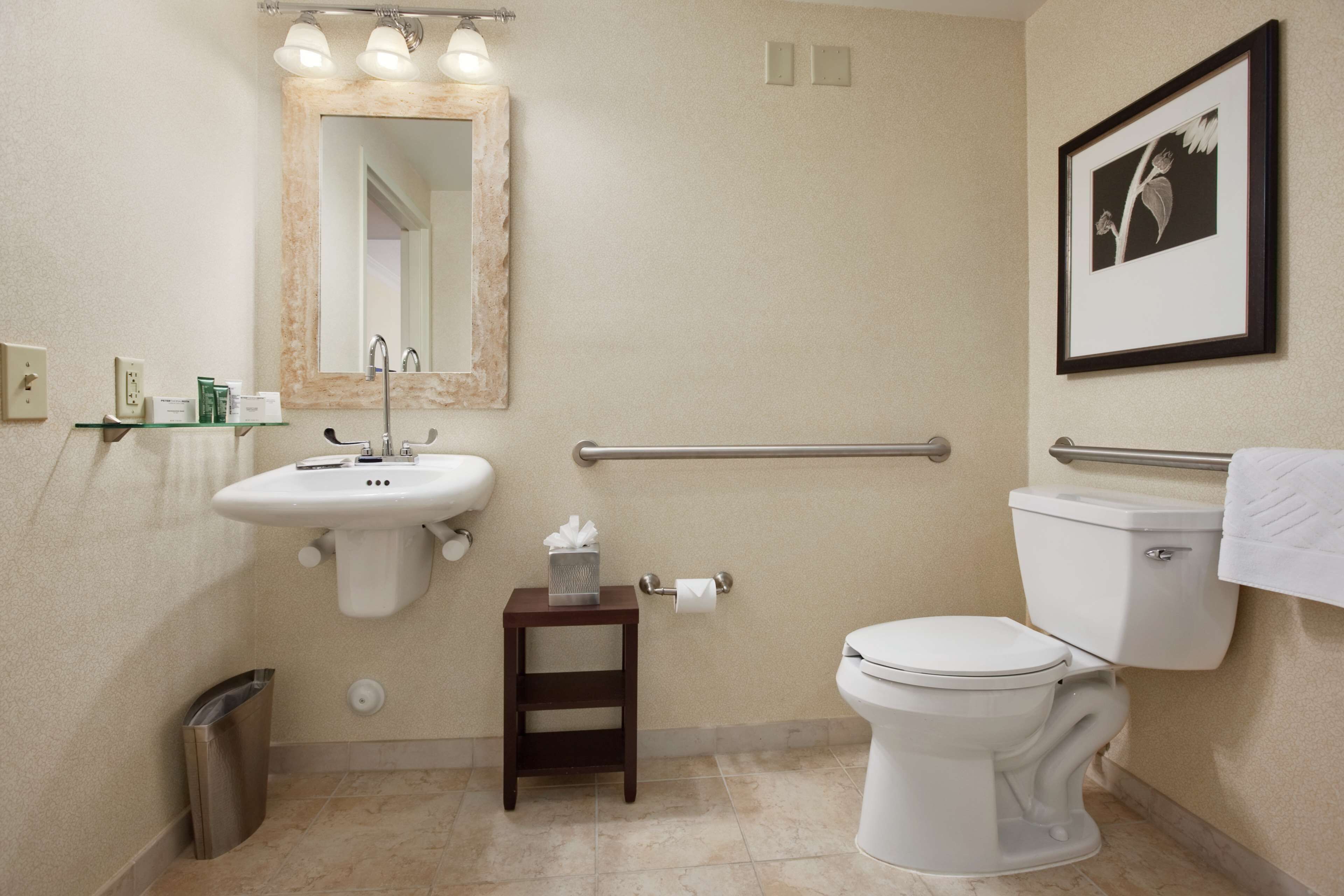 A bathroom with a sink, mirror, toilet, and a small trash bin.