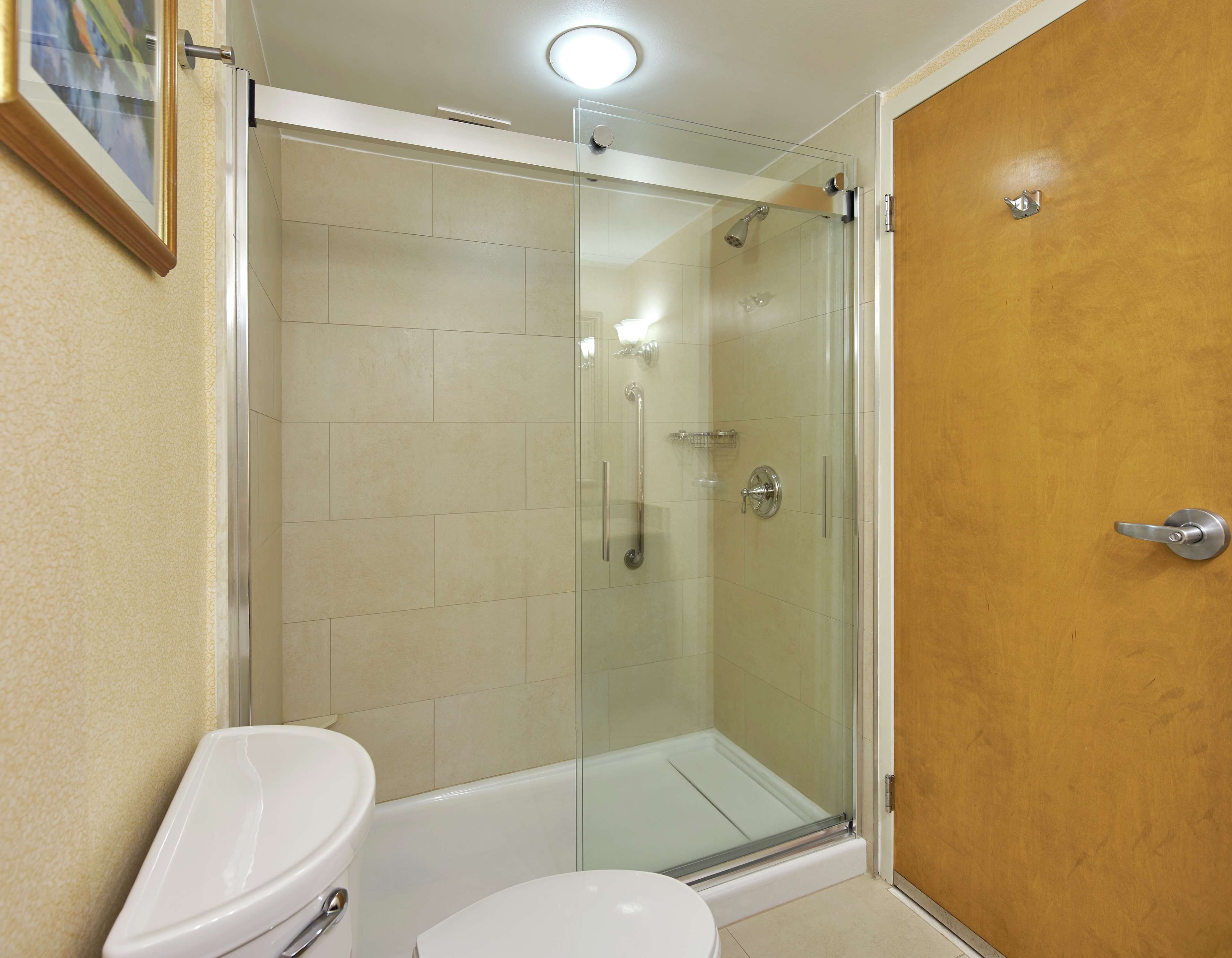 Un baño con ducha de vidrio, inodoro blanco y puerta de madera.