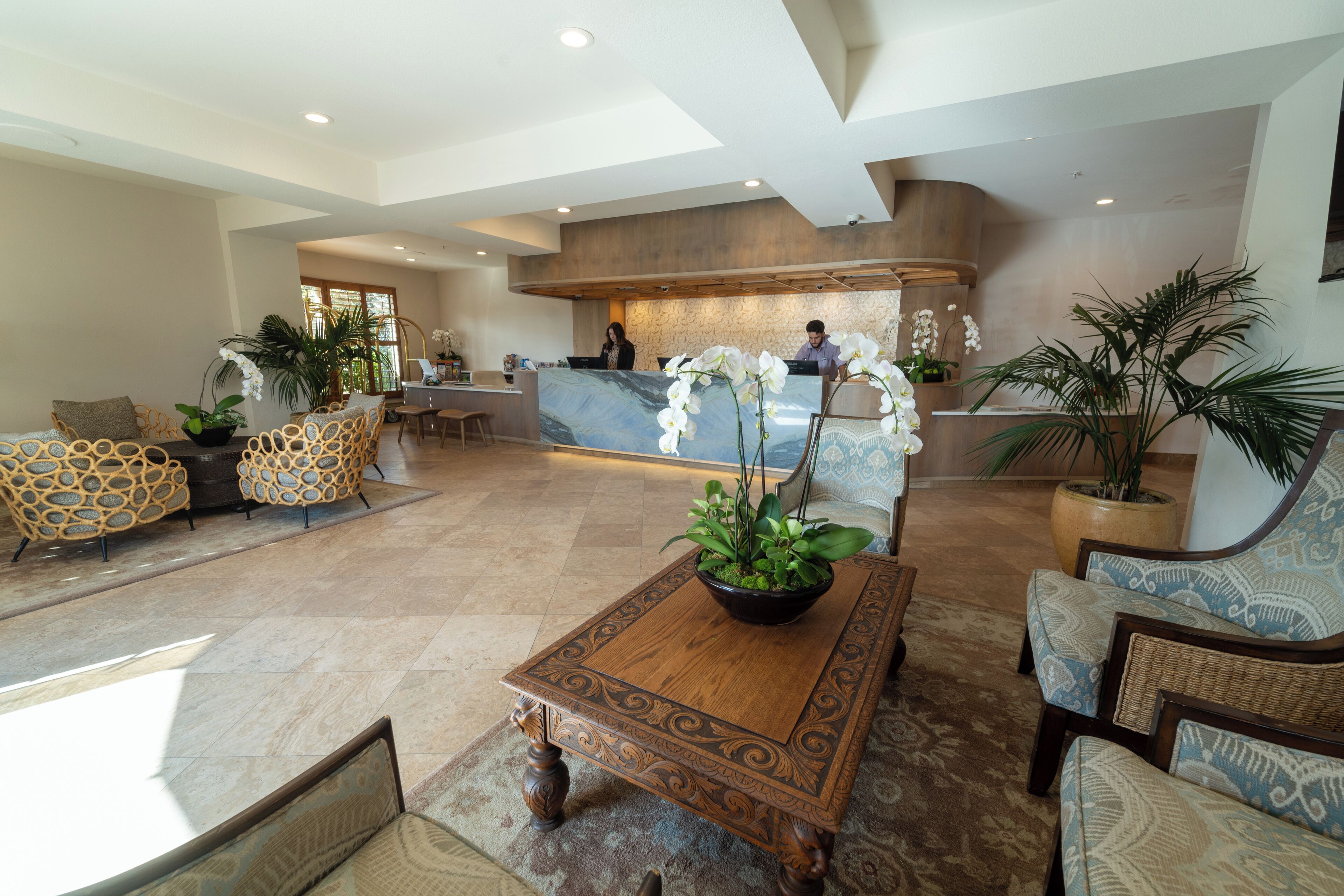 A spacious lobby with a reception desk, comfortable seating, and decorative plants.