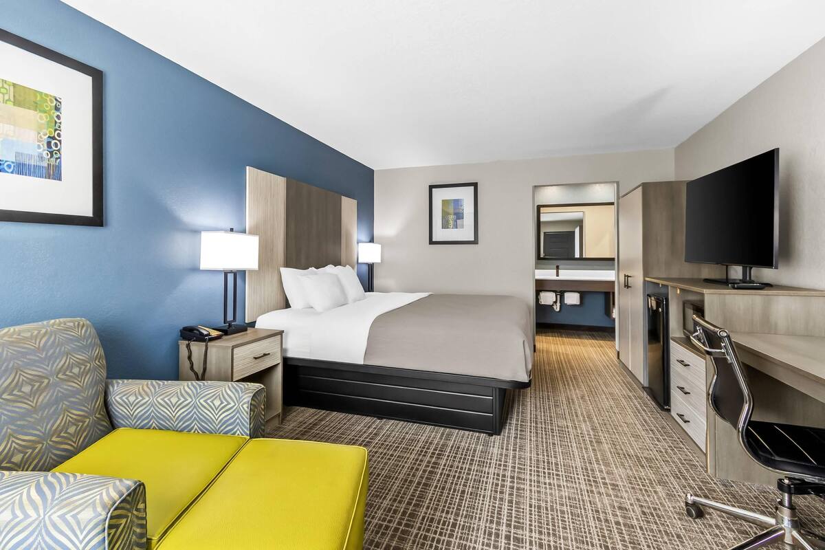 A hotel room with a bed, bedside table, lamp, TV, desk, chair, and a small sofa.
