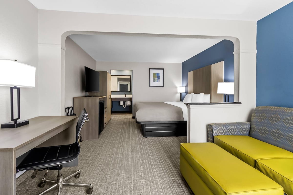 A hotel room with a desk, a bed, a sofa, a TV, and a mirror.