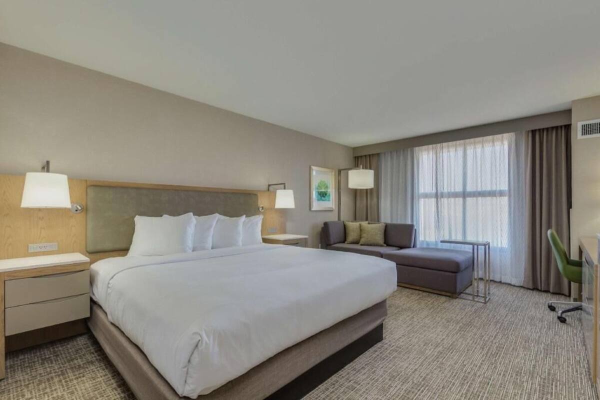 A hotel room with a large bed, a sofa, a desk, and a chair.