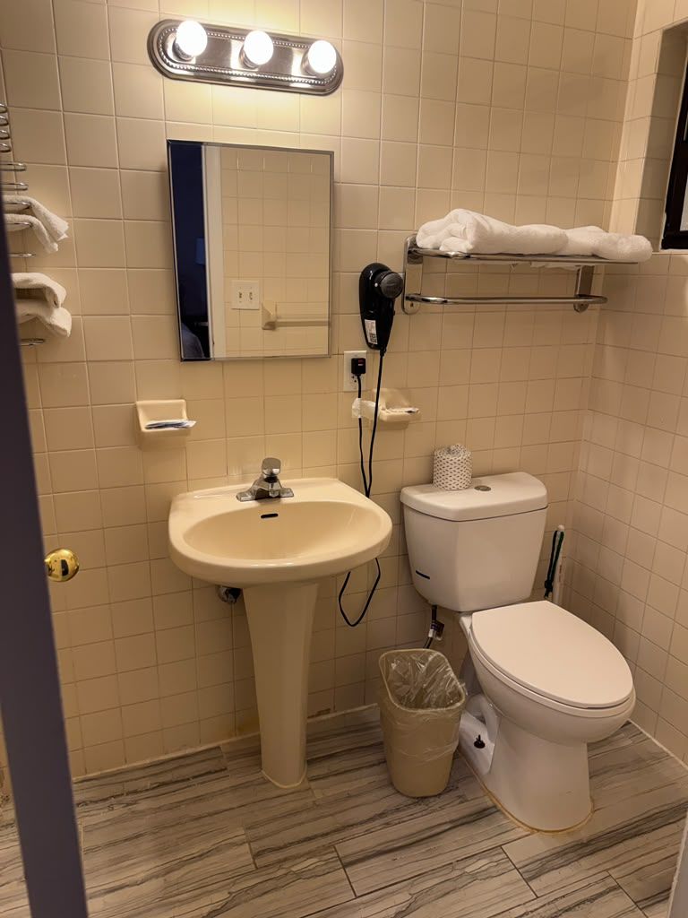 Een badkamer met een wastafel, toilet en een spiegel boven de wastafel.