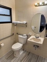 Un baño con inodoro, lavamanos, espejo y barras de apoyo.