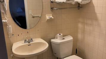 A bathroom with a sink, toilet, and a mirror.