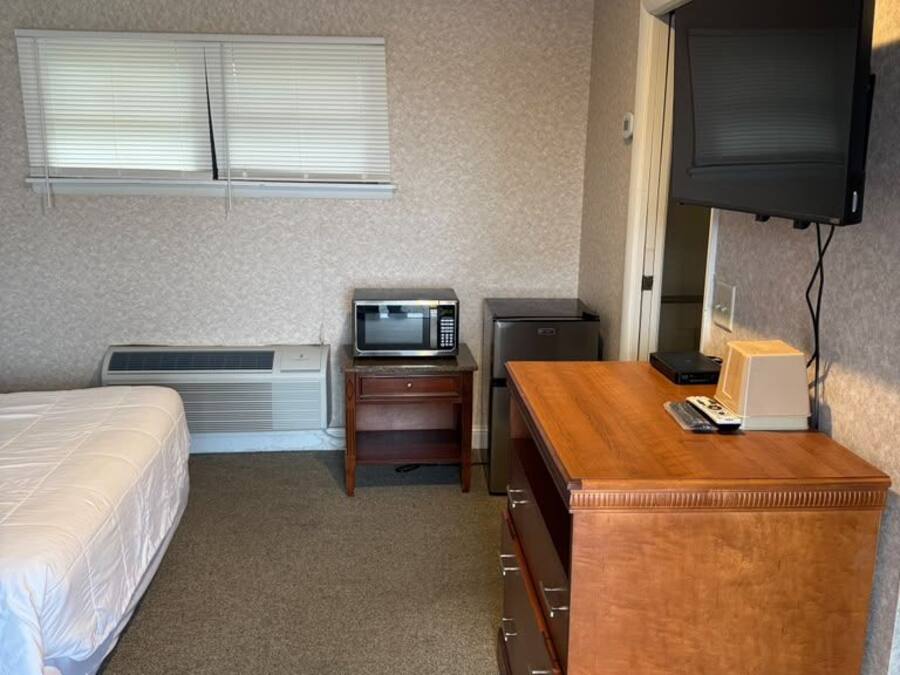 A hotel room with a bed, a desk, a television, and a heater.