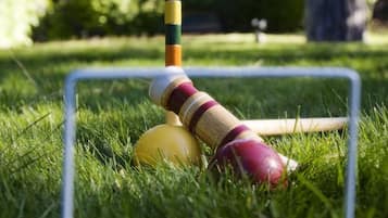 Um jogo de croquet em um campo gramado com um gol.