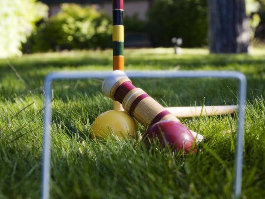 Een croquet set op een gazon met een doelpaal.