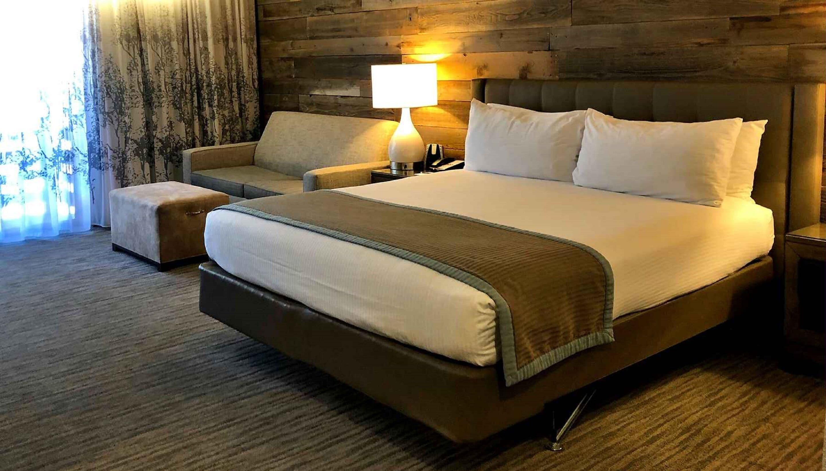 A hotel room with a large bed, a sofa, a nightstand, and a lamp.