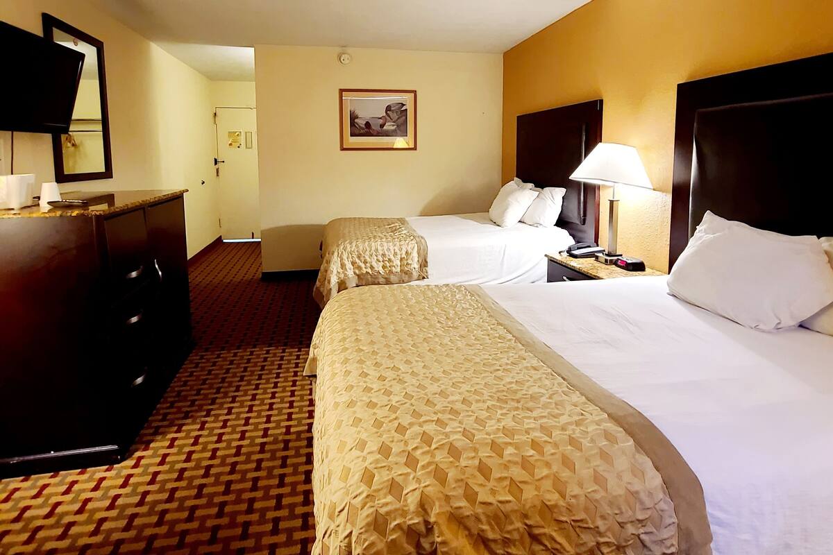 A hotel room with two beds, a desk, a chair, a television, and a painting on the wall.