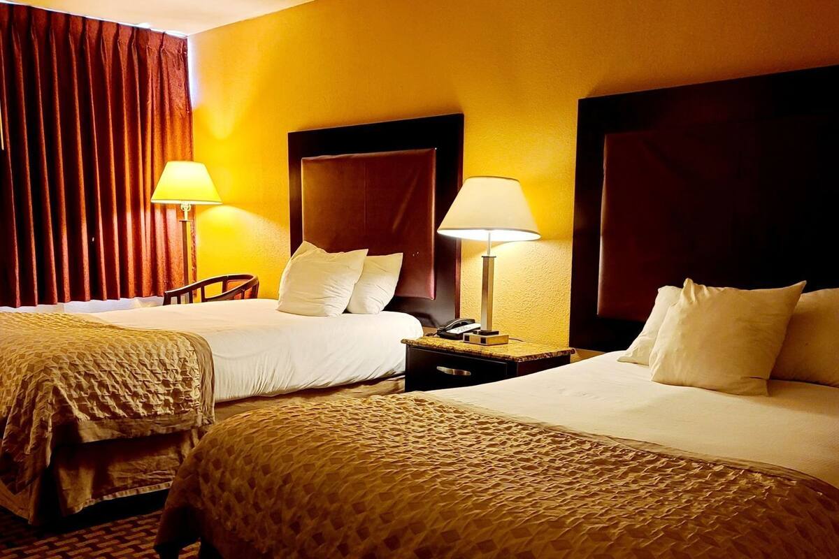 A hotel room with two beds, a nightstand with a lamp, a telephone, and a chair.