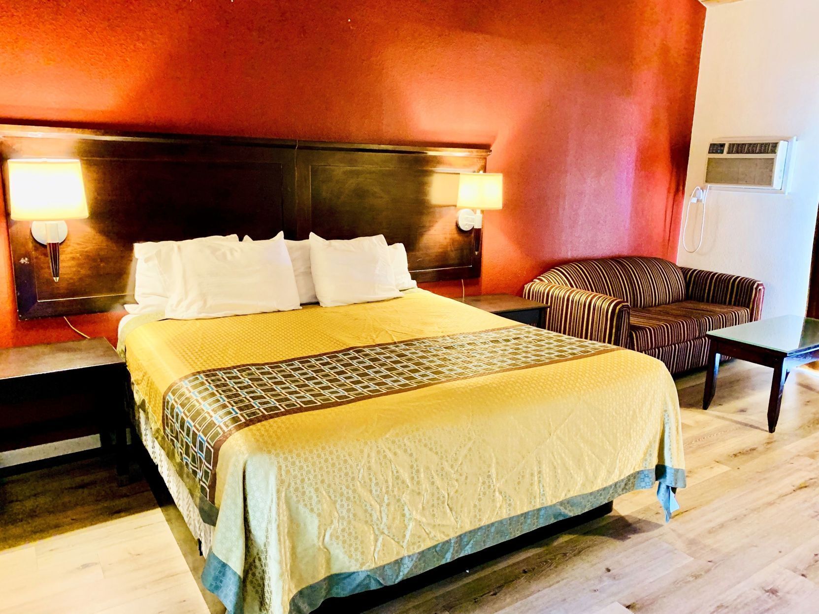 Desk, laptop workspace, blackout drapes, iron/ironing board