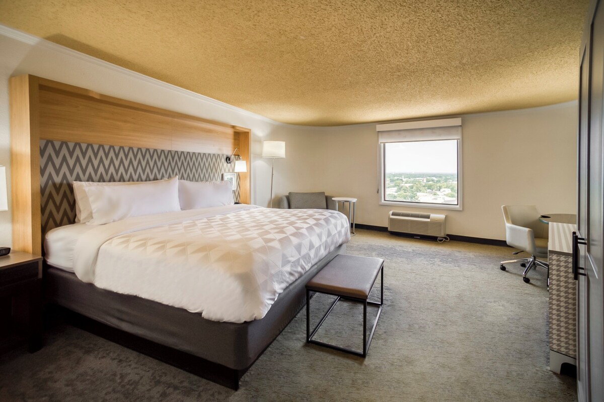 A hotel room with a large bed, a desk, a chair, and a window with a view.