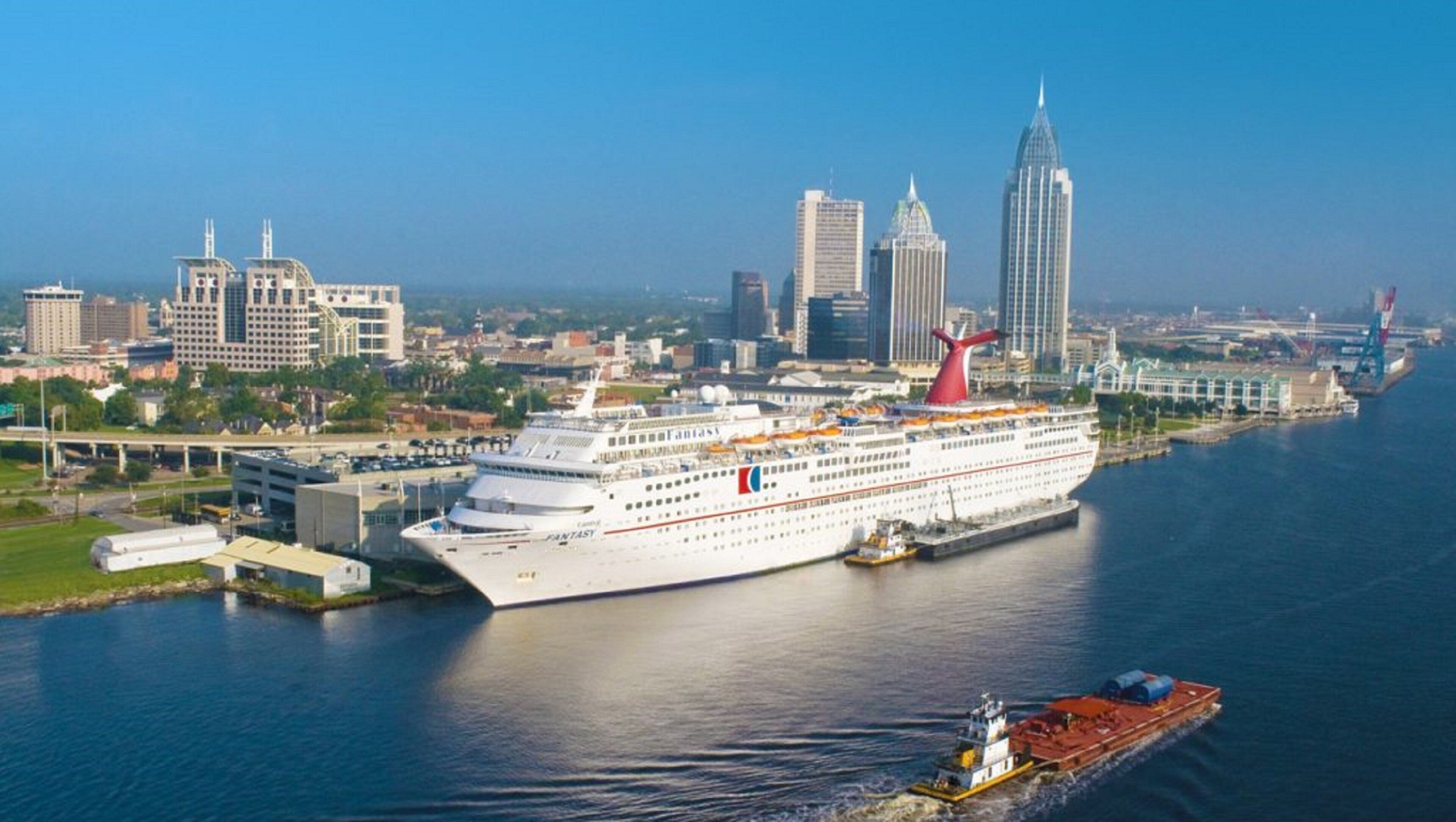 Ein großes Kreuzfahrtschiff liegt in einem Hafen vor einer Stadtlandschaft.