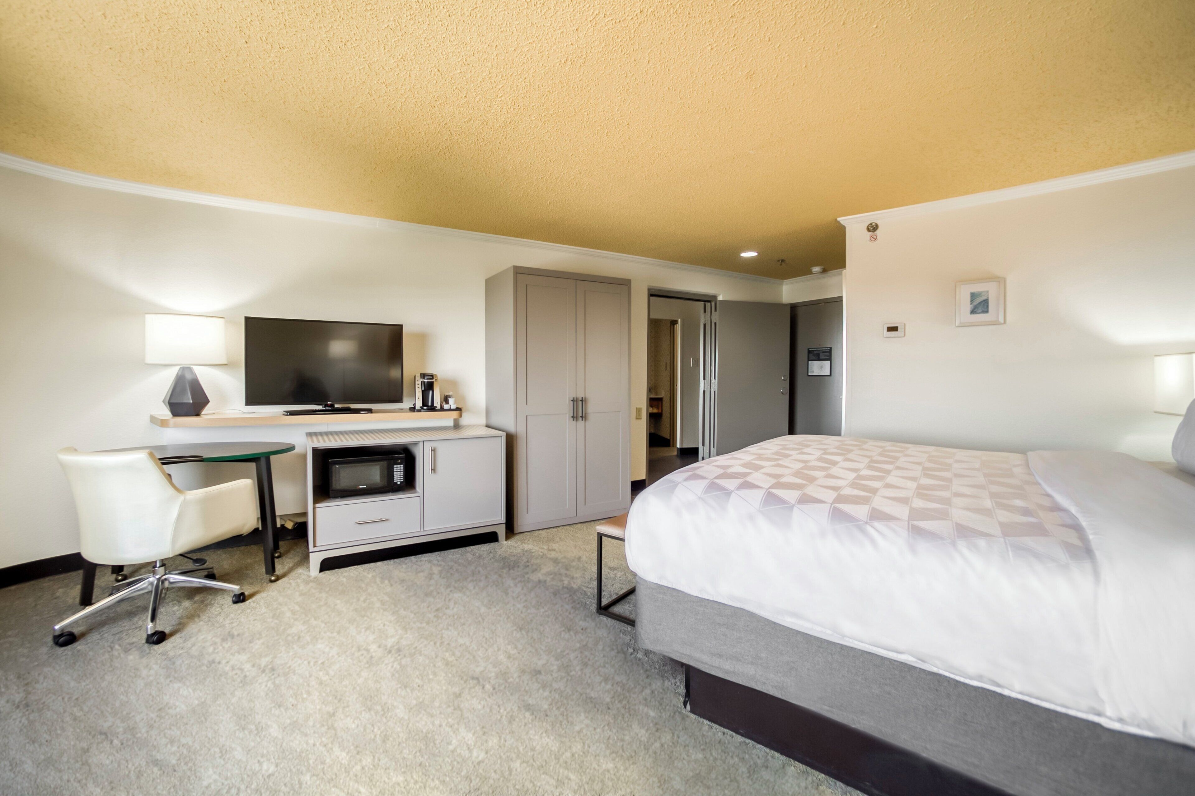 Habitación de hotel con cama, escritorio, silla, televisor, armario y un pequeño cuadro en la pared.