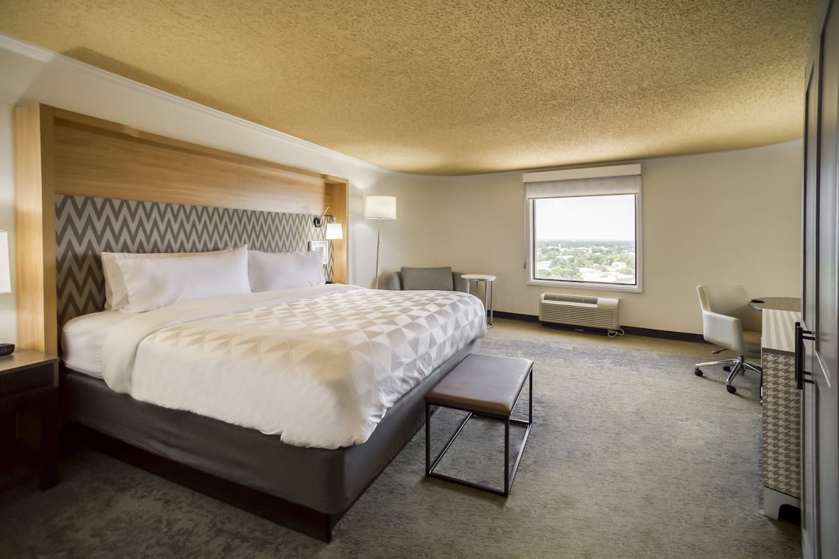 A hotel room with a large bed, a desk, a chair, and a window with a view.