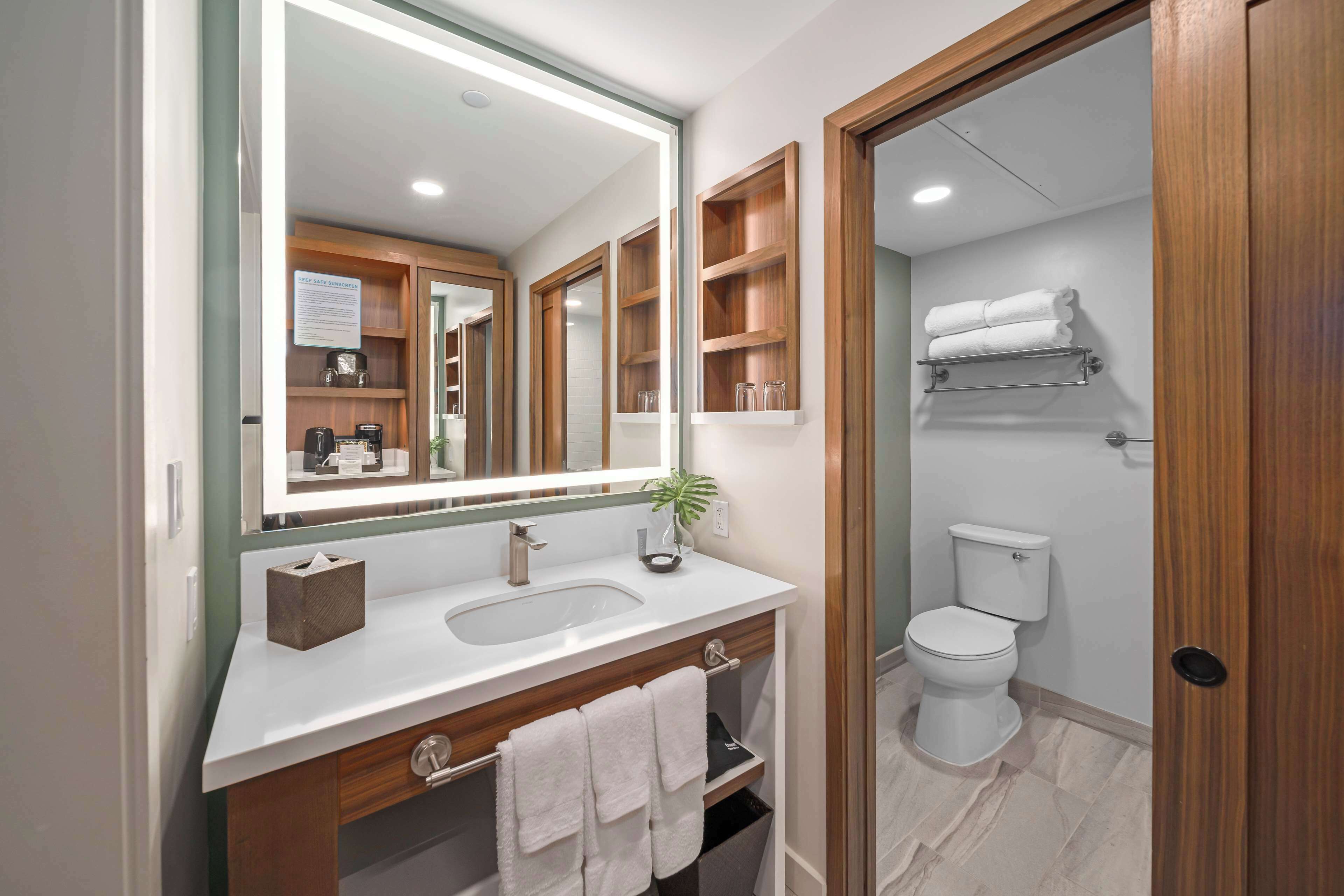 rainfall showerhead, eco-friendly toiletries, hair dryer, towels