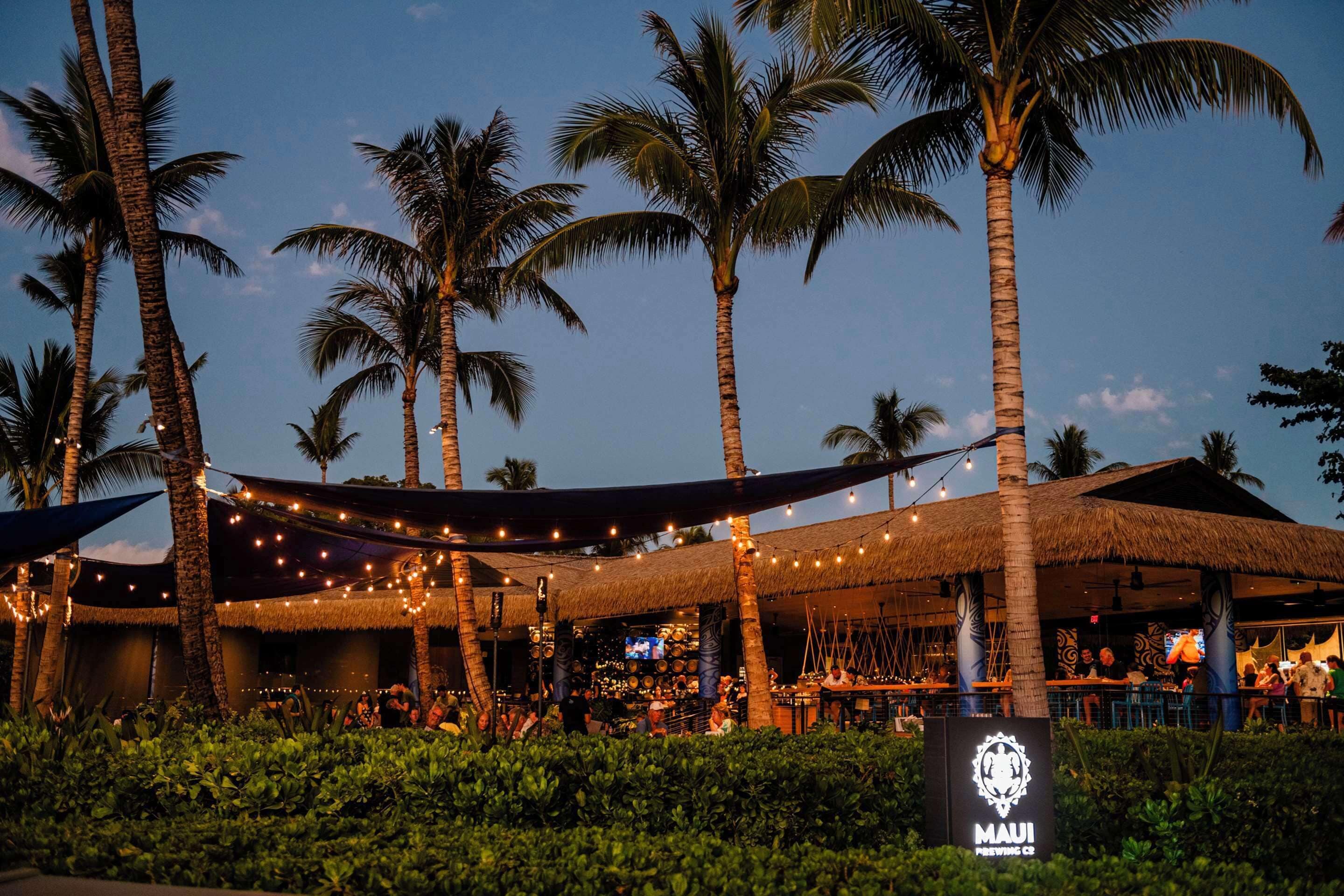 An outdoor bar area with palm trees, string lights, and a thatched roof structure.