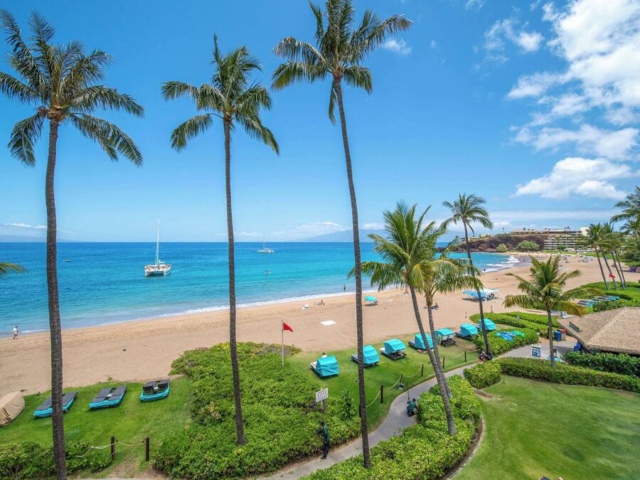 A beach resort with palm trees, a flag, and a view of the ocean.
