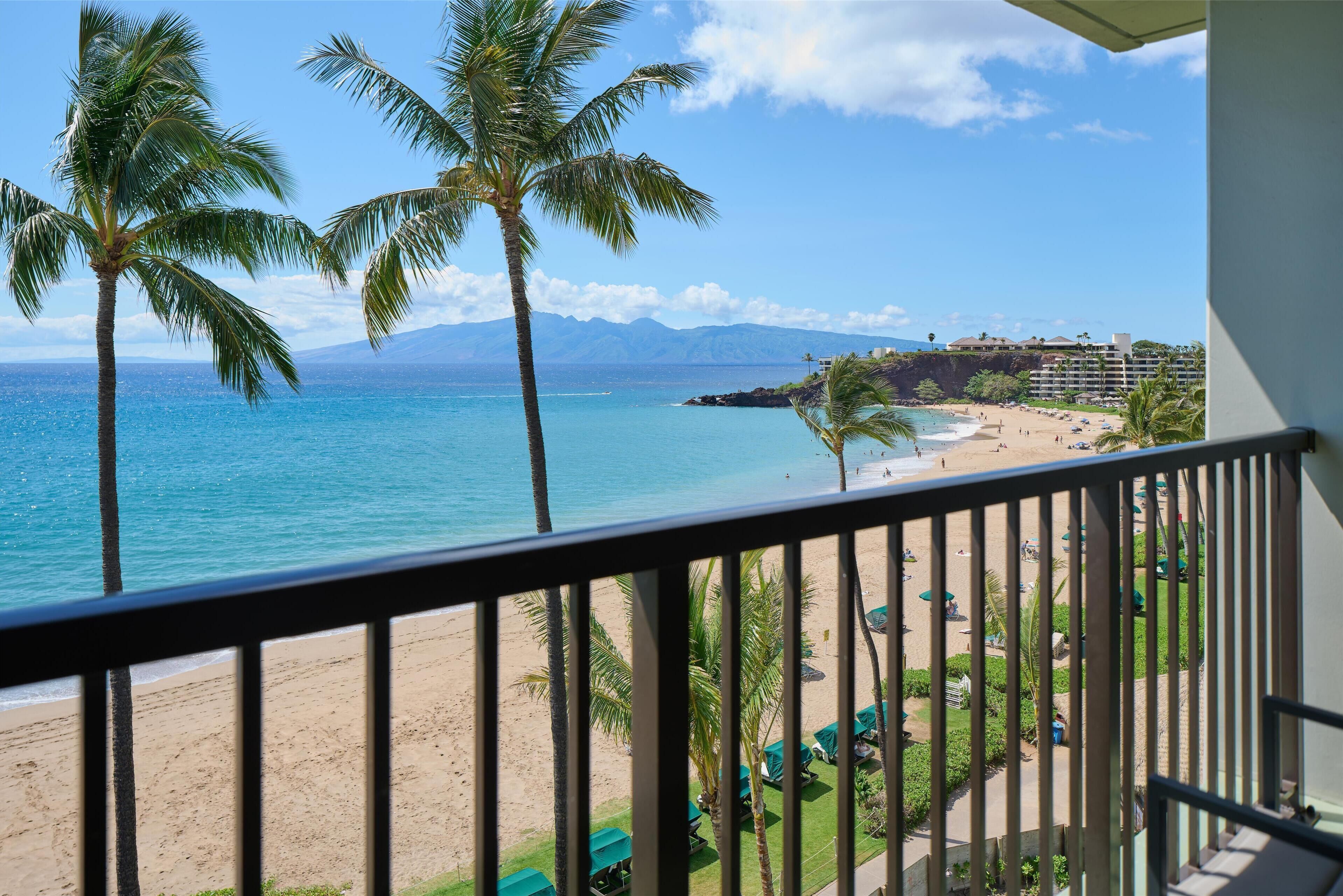 Un balcon avec vue sur une plage, des palmiers et une chaîne de montagnes lointaine.
