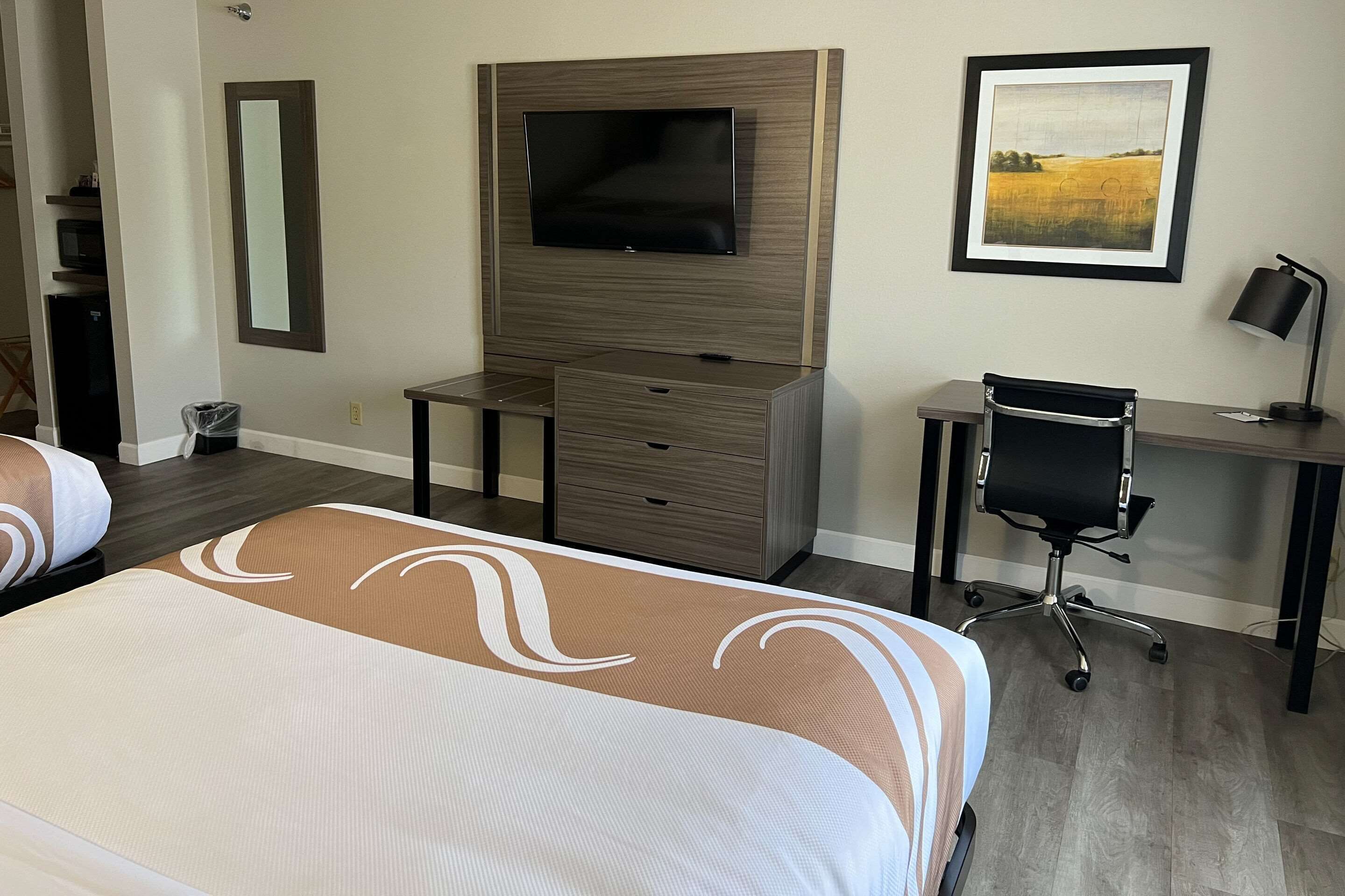 A hotel room with a large bed, a desk with a chair, a television, a framed picture, and a mirror.