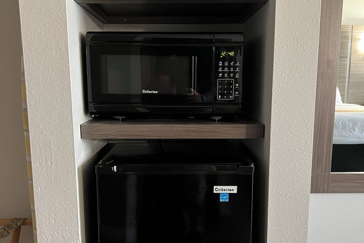 1 bedroom, desk, blackout drapes, iron/ironing board