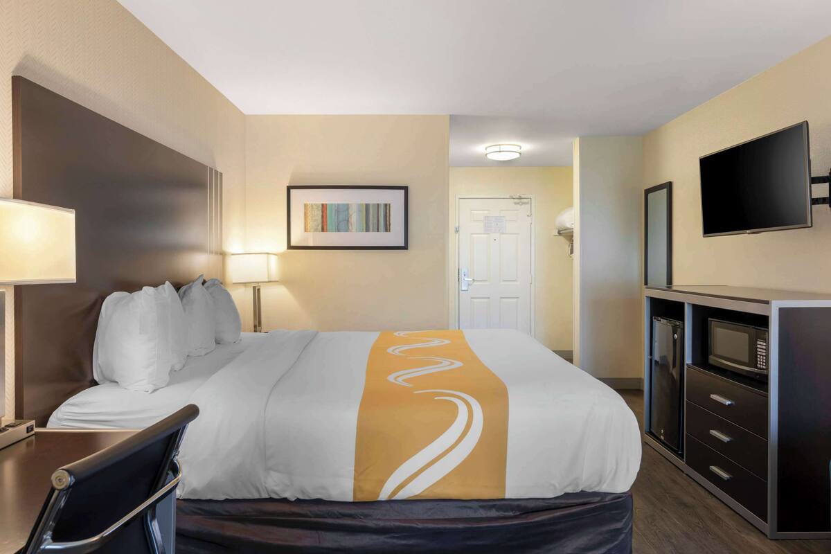 Quarto de hotel com cama grande, escrivaninha, televisão e micro-ondas.