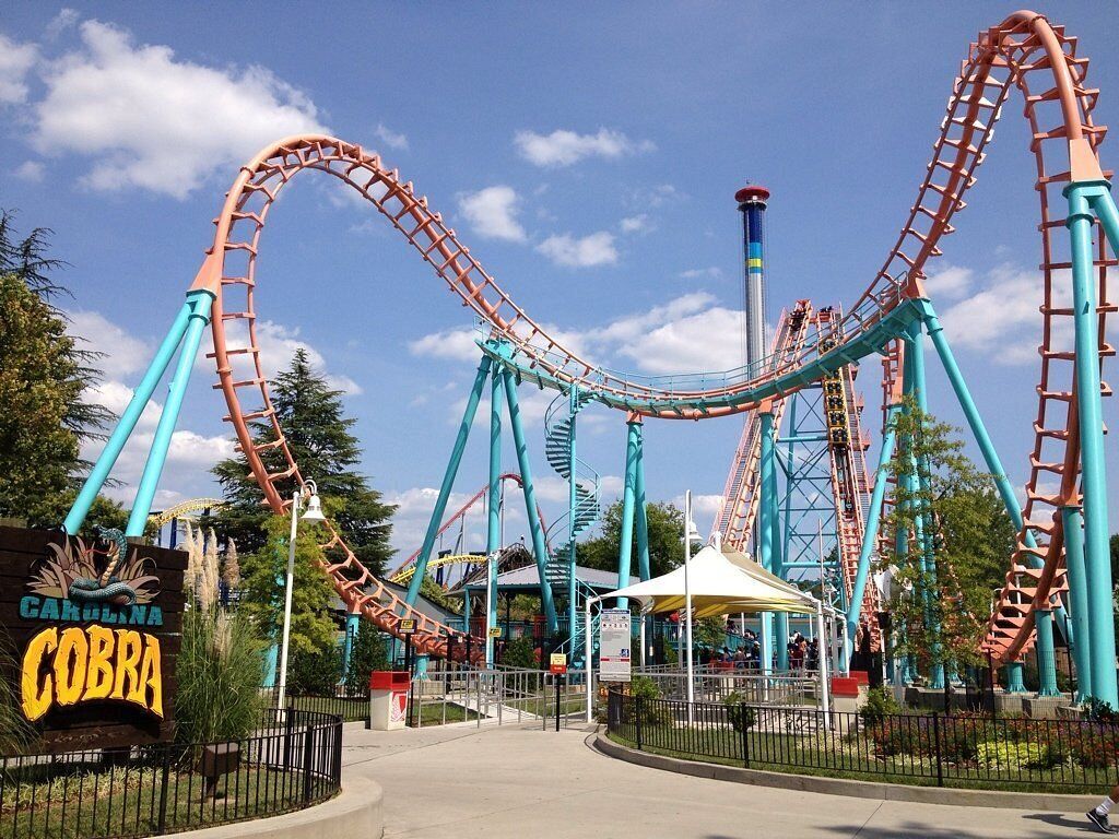 A roller coaster with a looping track, a sign reading "Carolina Cobra," and a canopy structure in the foreground.