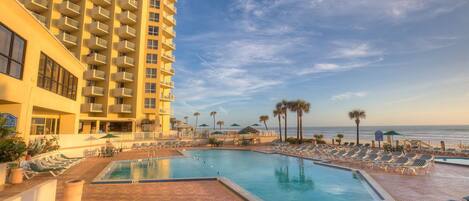 Indoor pool, outdoor pool, pool umbrellas, pool loungers