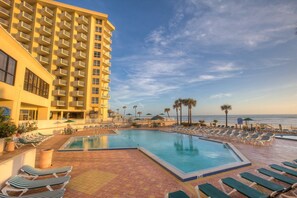 Indoor pool, outdoor pool, pool umbrellas, sun loungers