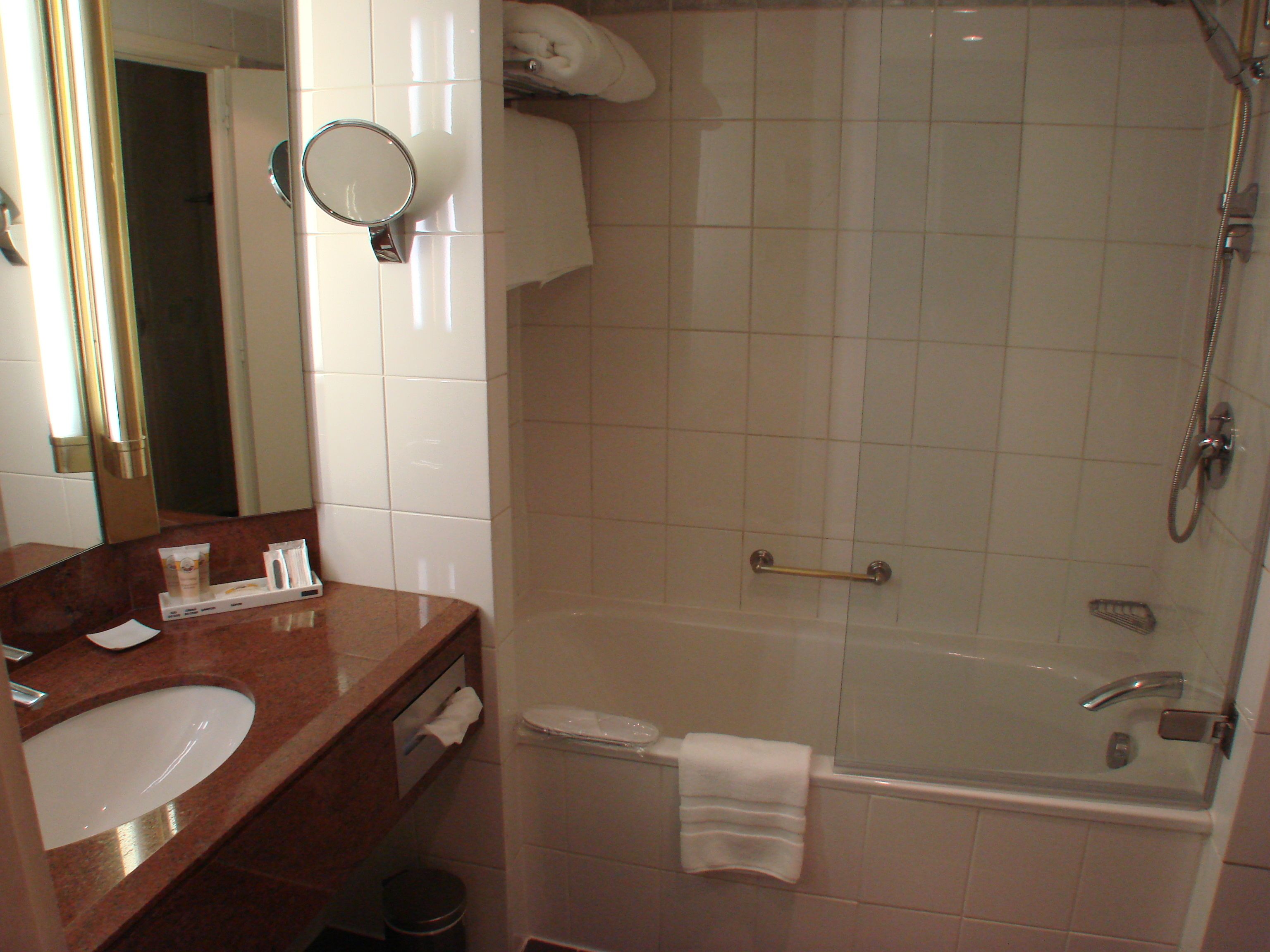 Une salle de bain équipée d’un lavabo, d’un miroir, d’un porte-serviettes et d’une douche séparée par des parois en verre.
