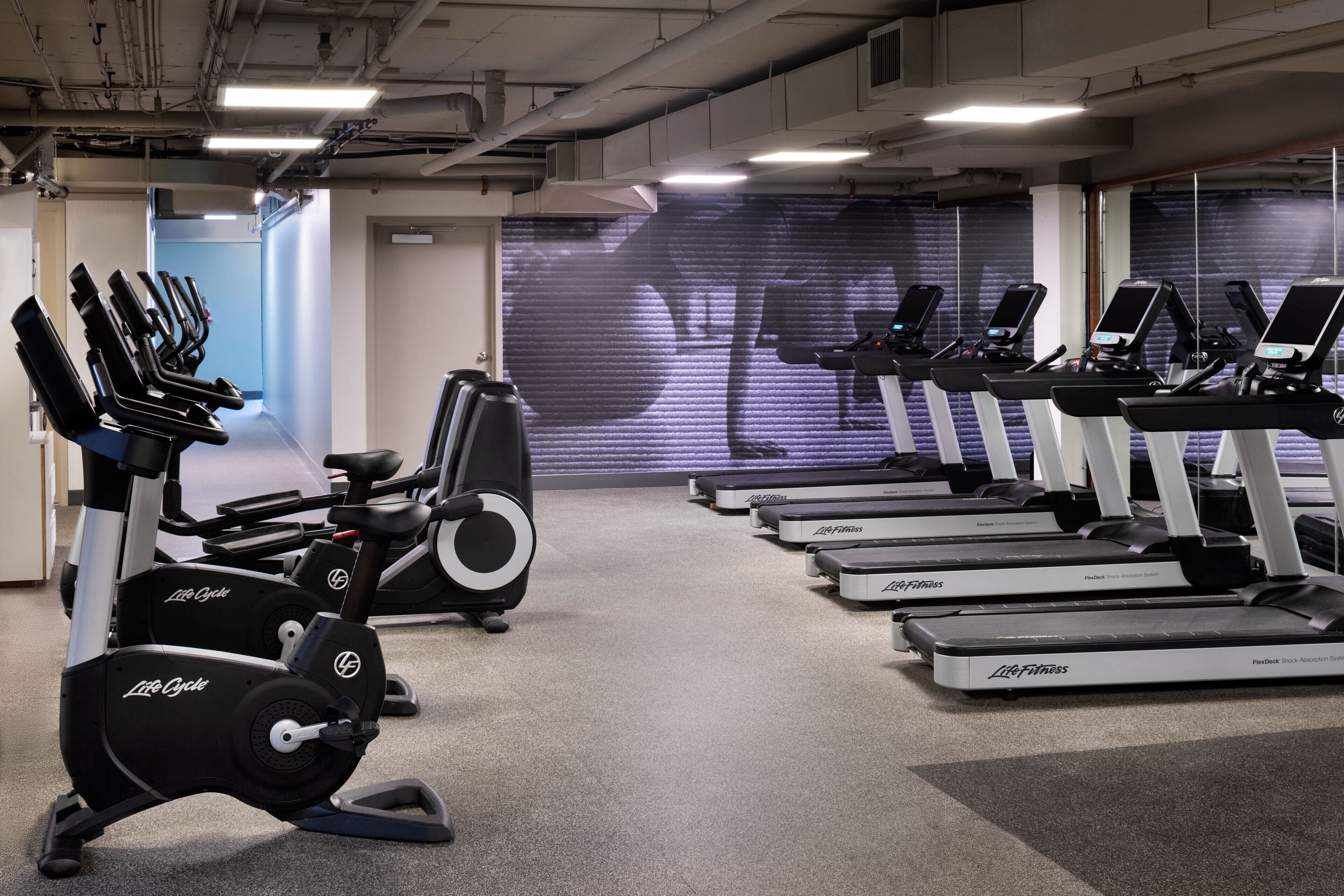 Ein Fitnessraum mit verschiedenen Cardiogeräten, darunter Laufbänder und Ergometer.