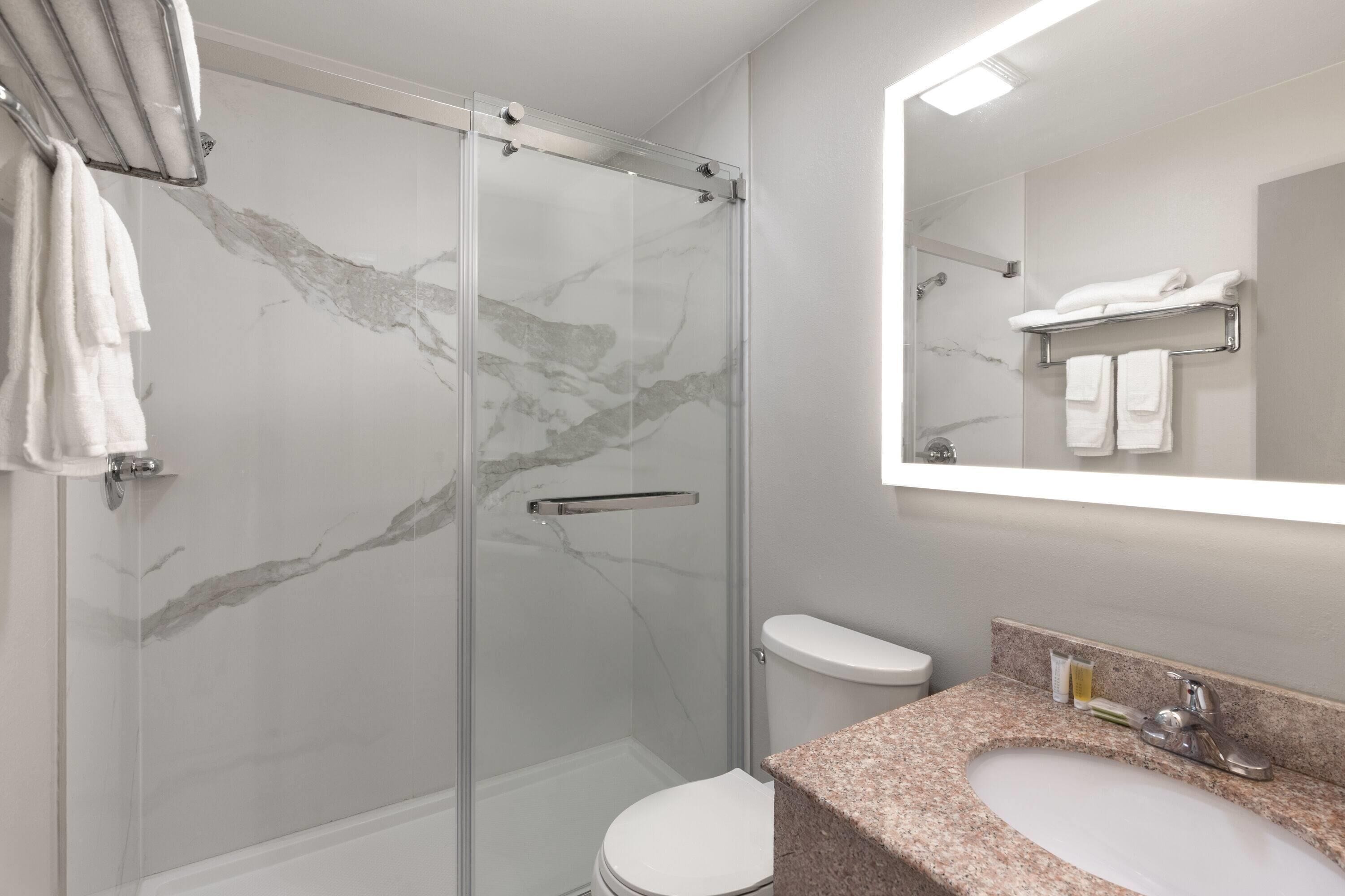 A modern bathroom with a glass-enclosed shower, a white toilet, and a granite countertop sink.
