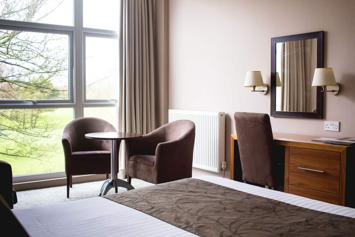 Une chambre d’hôtel avec un lit, un bureau, deux chaises, un miroir et une fenêtre avec des rideaux.