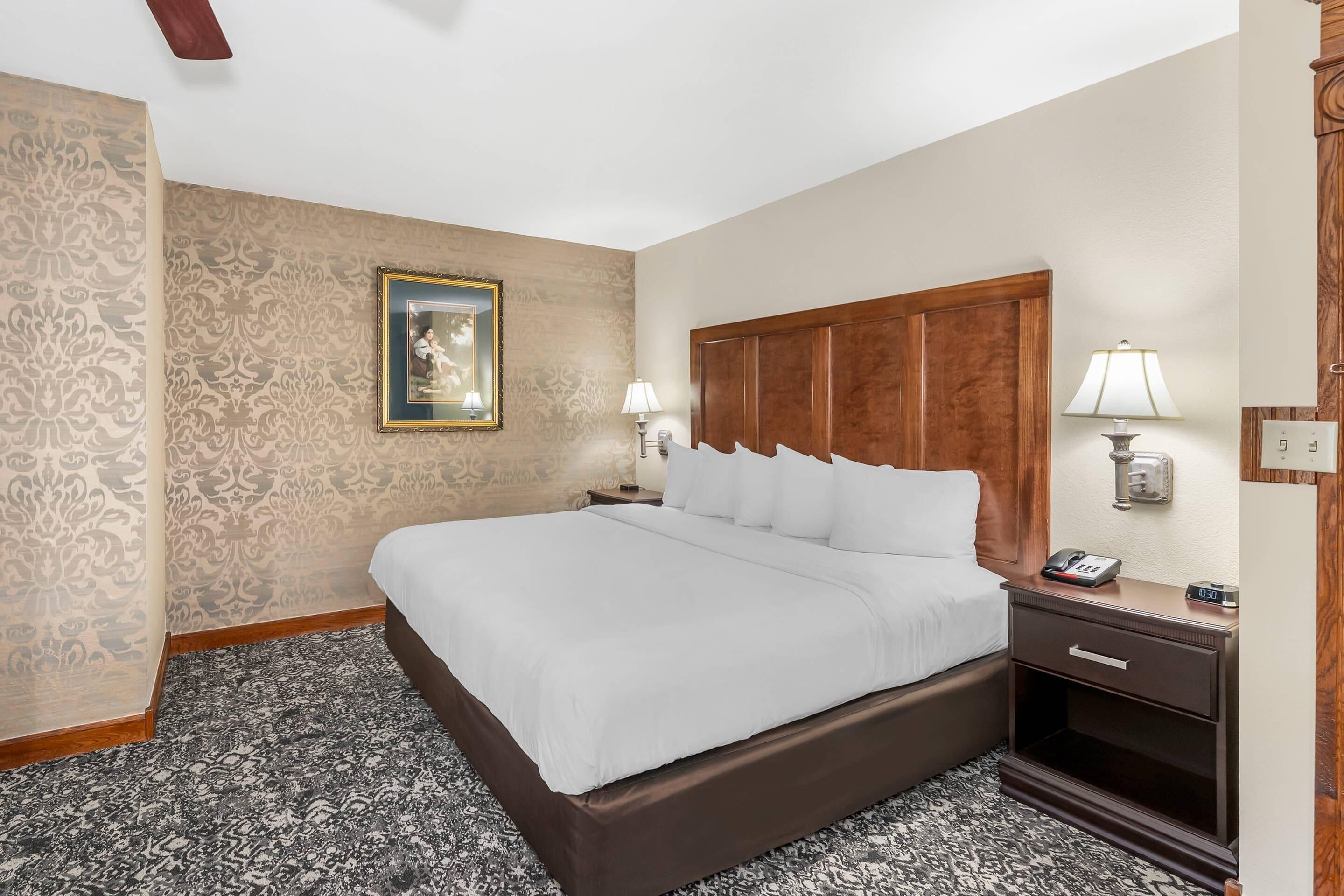 A hotel room with a large bed, a wooden headboard, a nightstand with a lamp, a framed picture on the wall, and a patterned carpet.