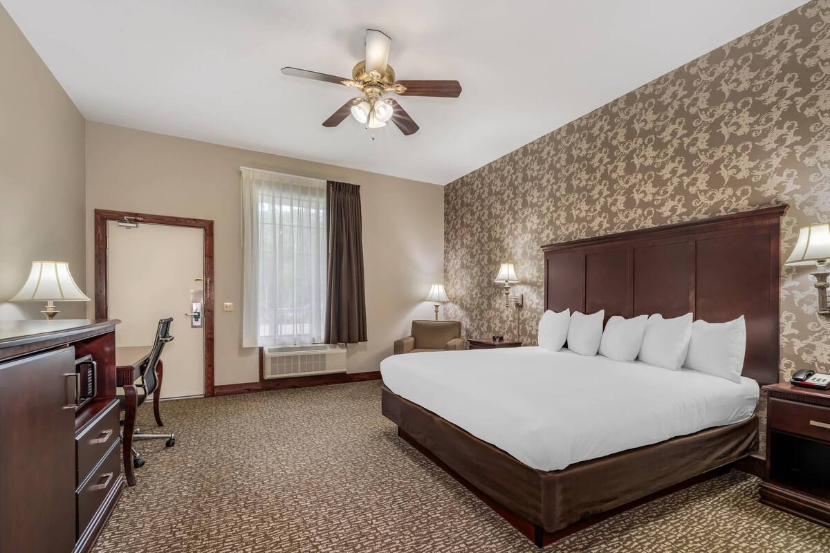 A hotel room with a large bed, a desk with a lamp, a chair, a wardrobe, a ceiling fan, and a patterned wall.