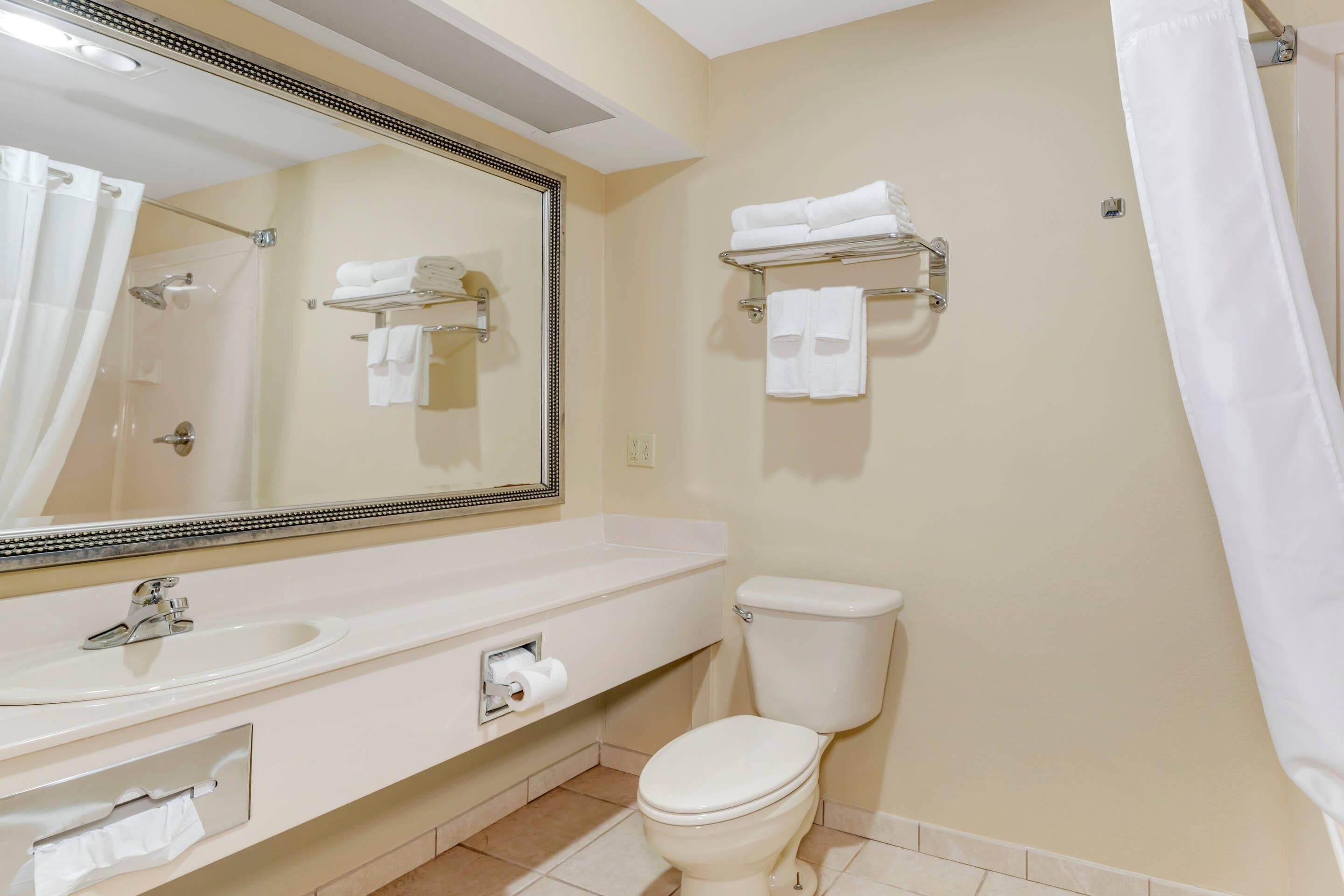 Un baño con lavabo, inodoro y espejo.