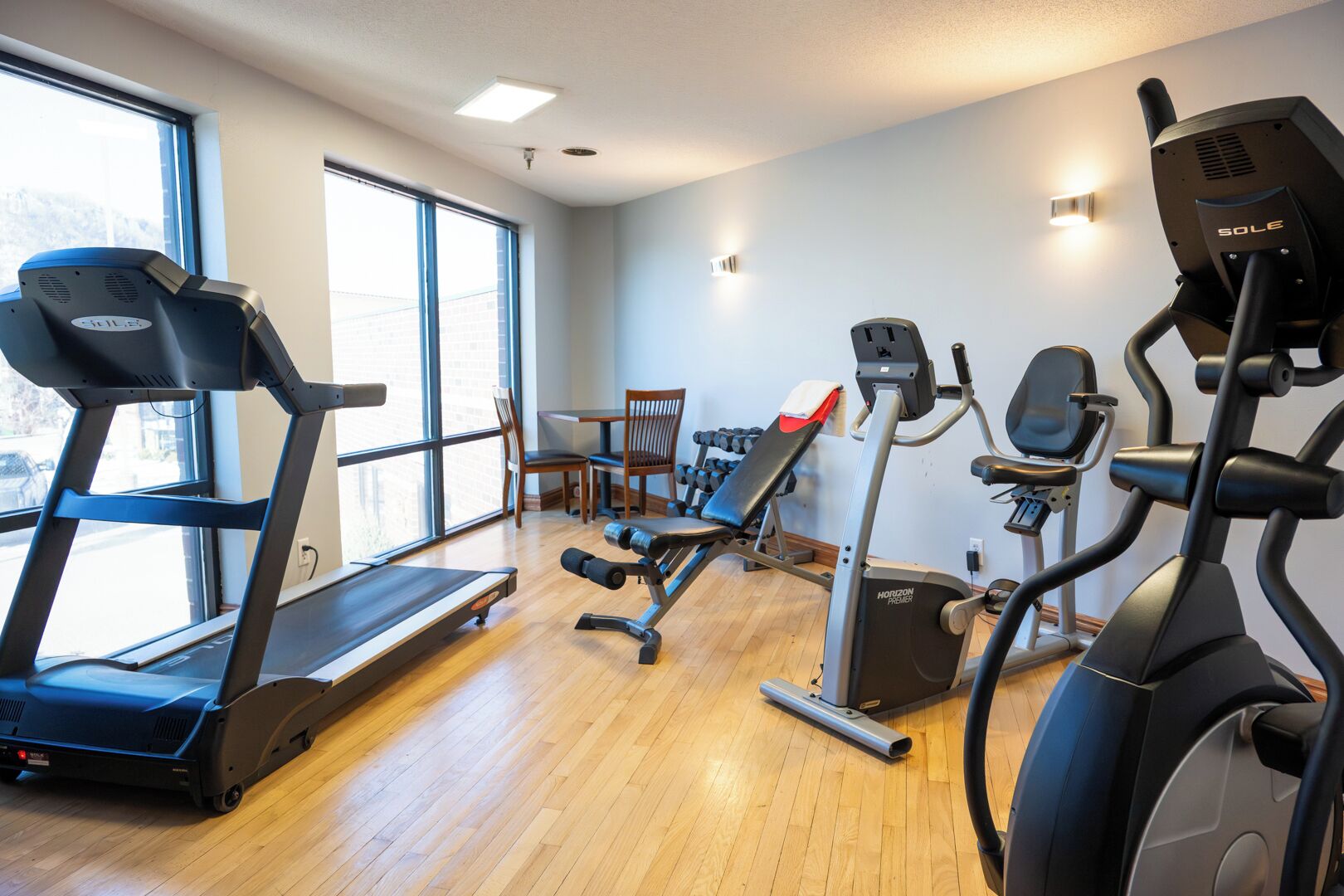 A gym with treadmills, elliptical machines, and free weights.