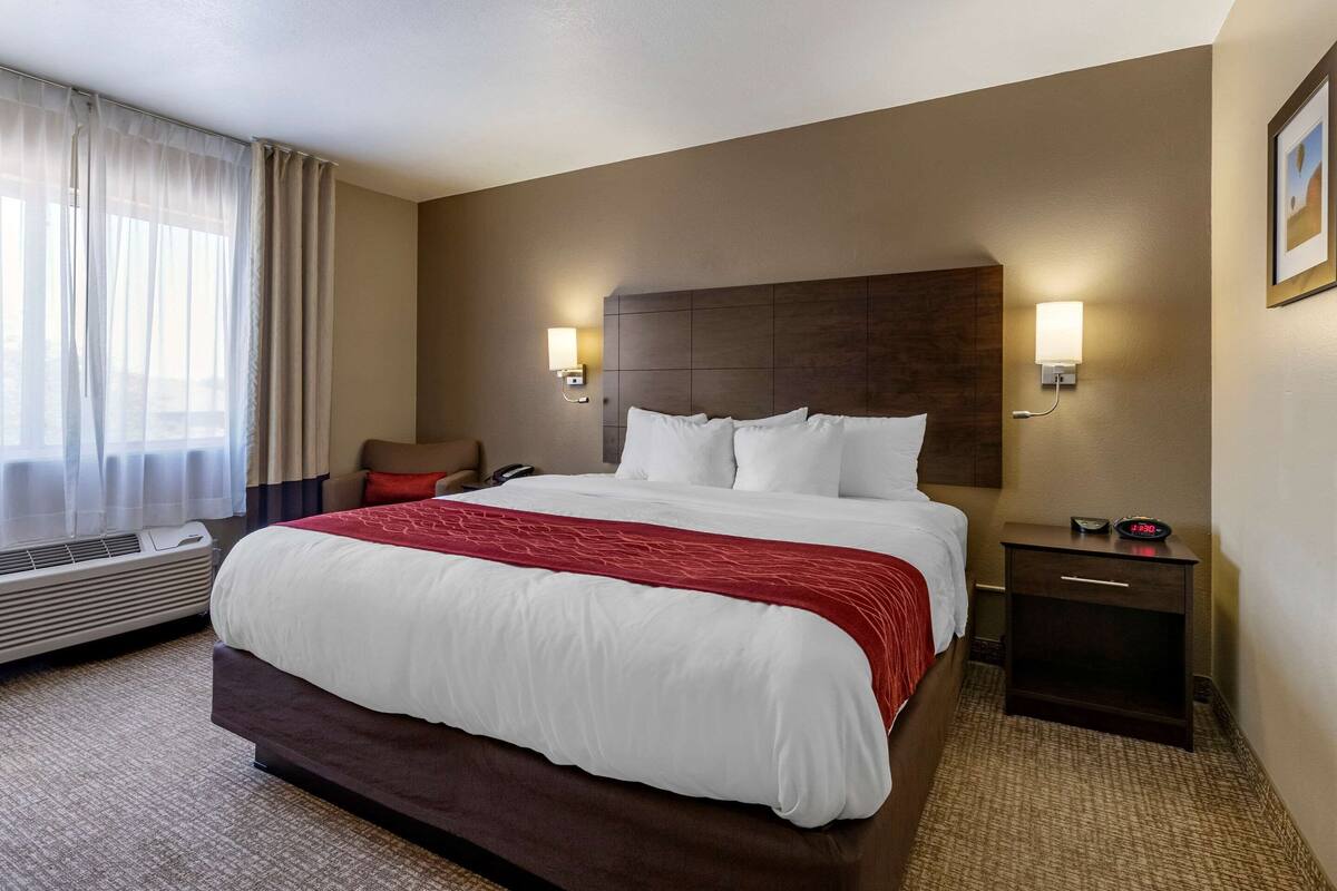 Une chambre d’hôtel avec un grand lit, deux tables de chevet, une chaise, un radiateur fixé au mur et une fenêtre avec des rideaux.