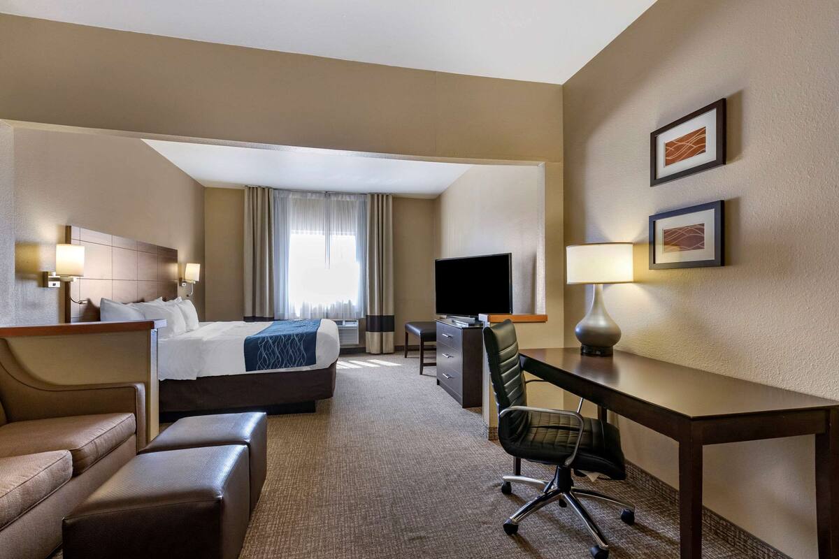 Une chambre d’hôtel équipée d’un lit, d’un bureau, d’une chaise, d’une télévision et d’un canapé.