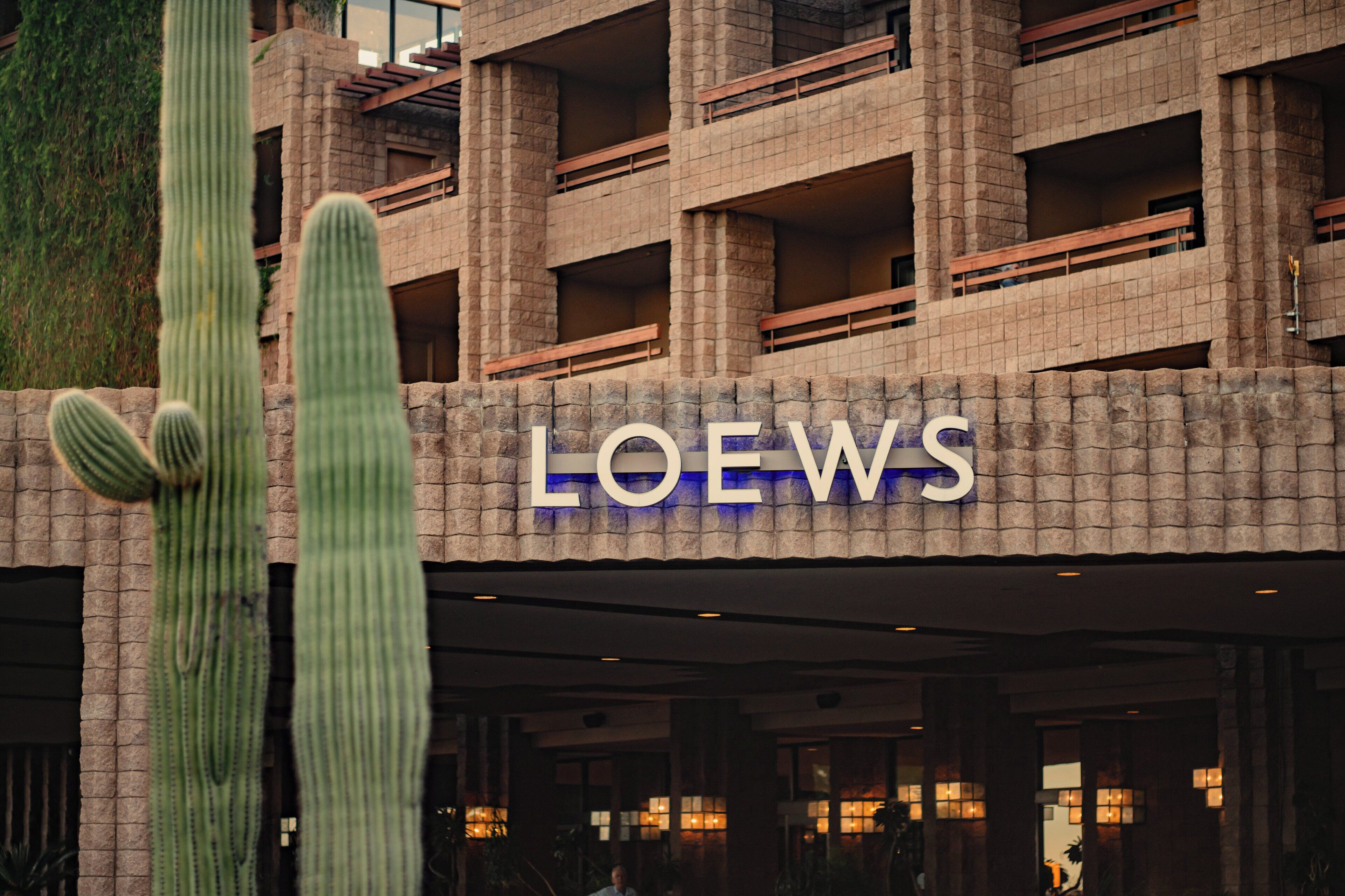 Un edificio con un letrero que dice "LOEWS" y un cactus grande en su fachada.
