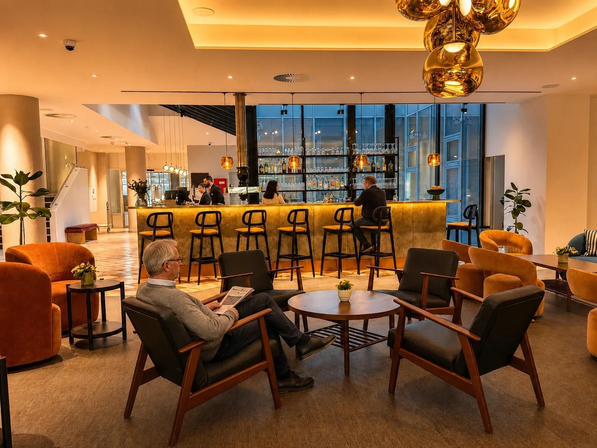 A modern bar area with a bar counter, seating, and a view of the city.