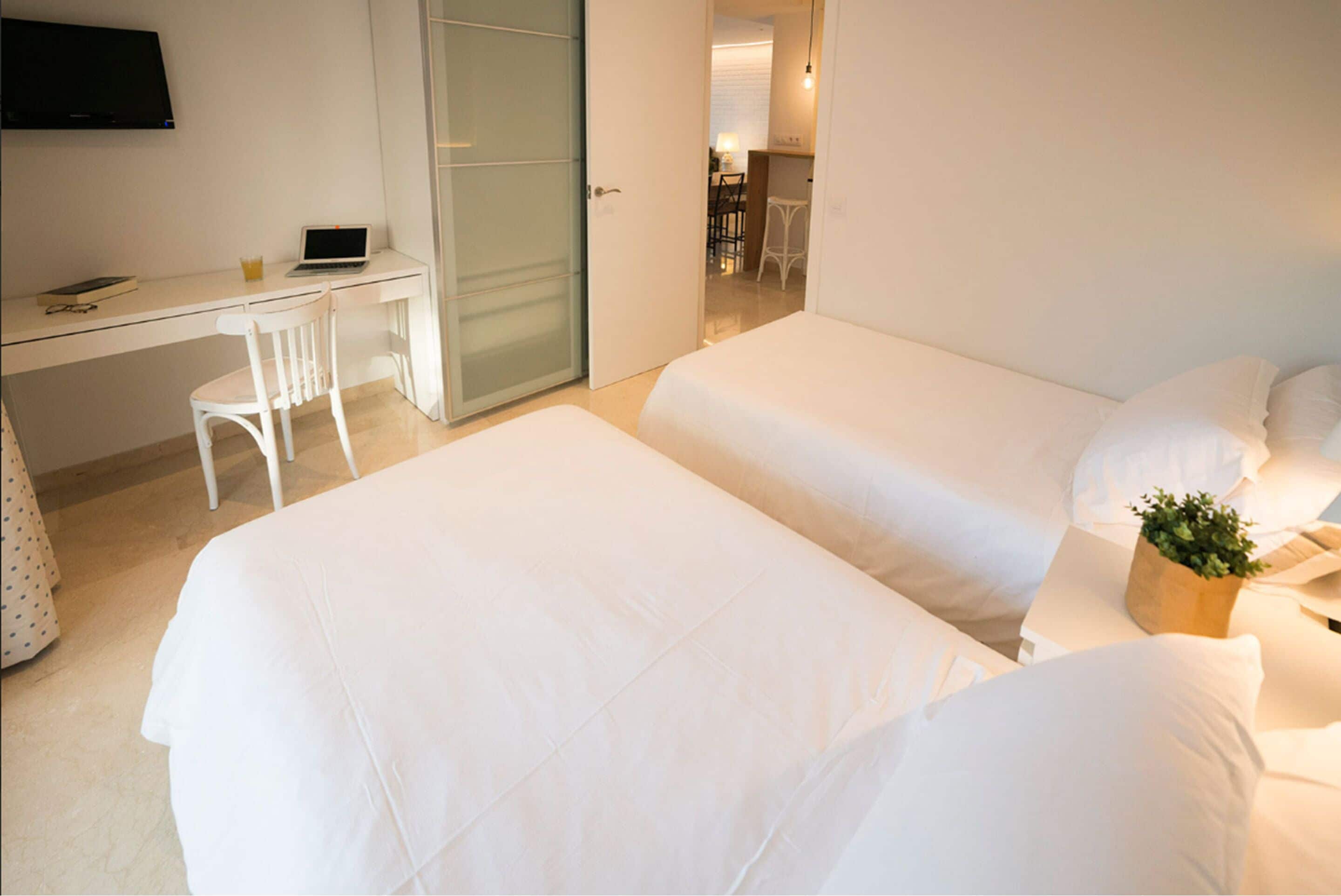 A hotel room with two beds, a desk with a laptop, a chair, and a small plant.