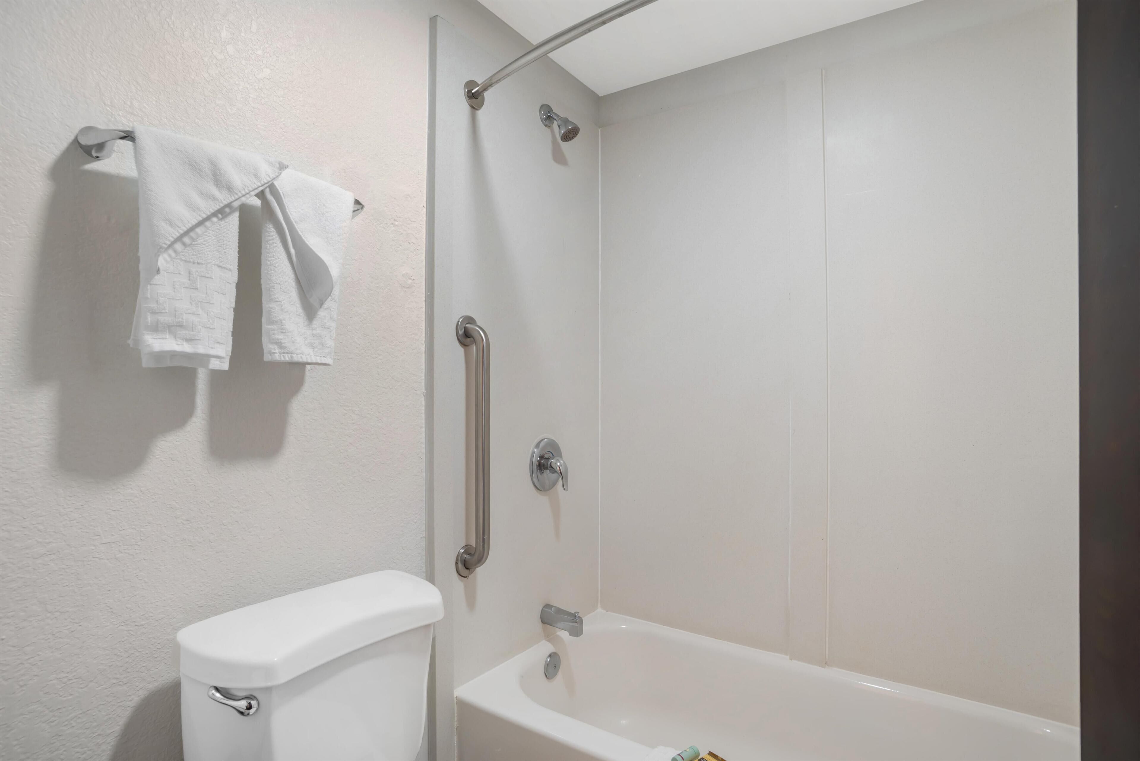 A bathroom with a toilet, a bathtub, and a shower.