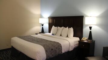 Desk, laptop workspace, blackout curtains, iron/ironing board