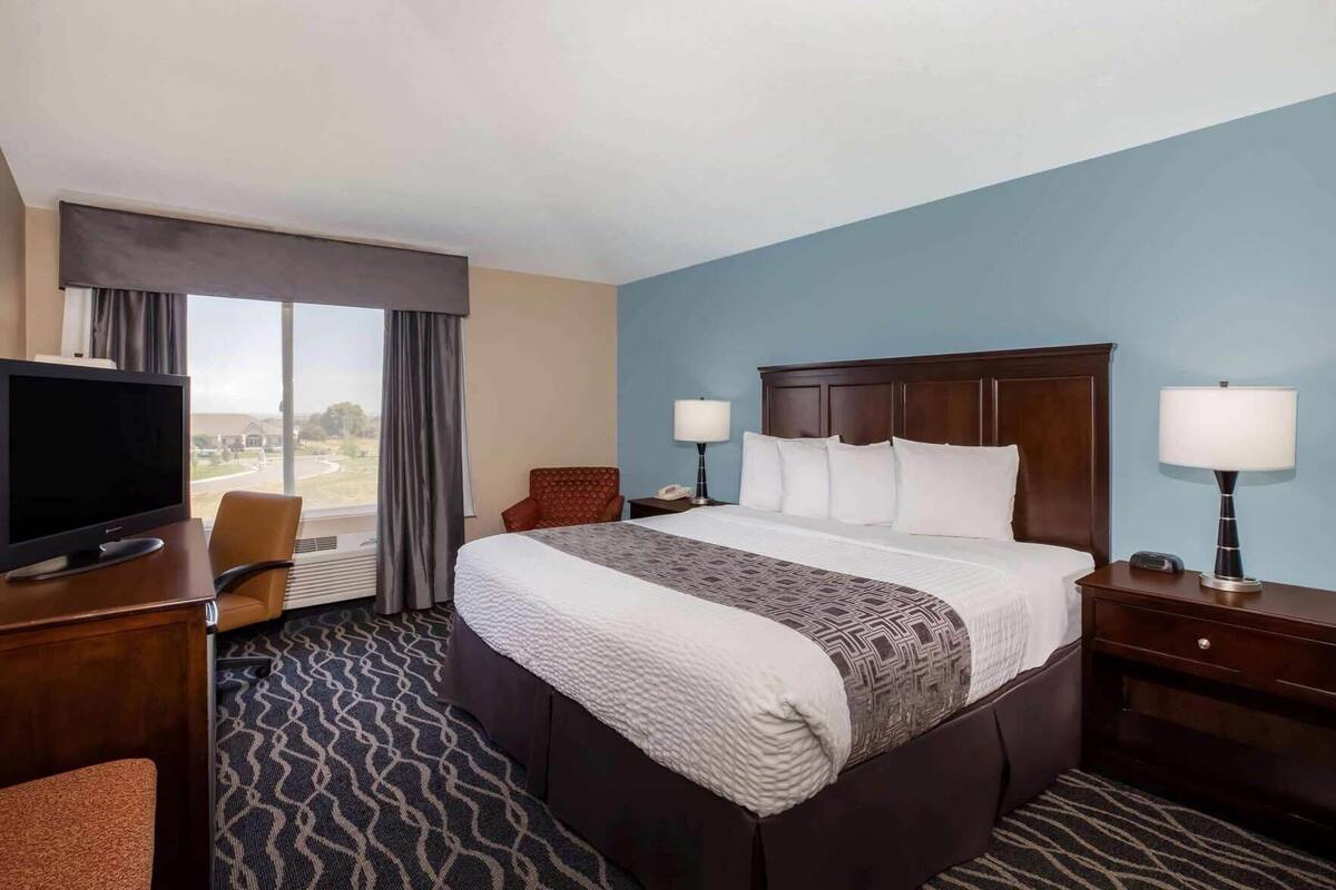 A hotel room with a large bed, a desk with a television, a chair, and a view of the outdoors.