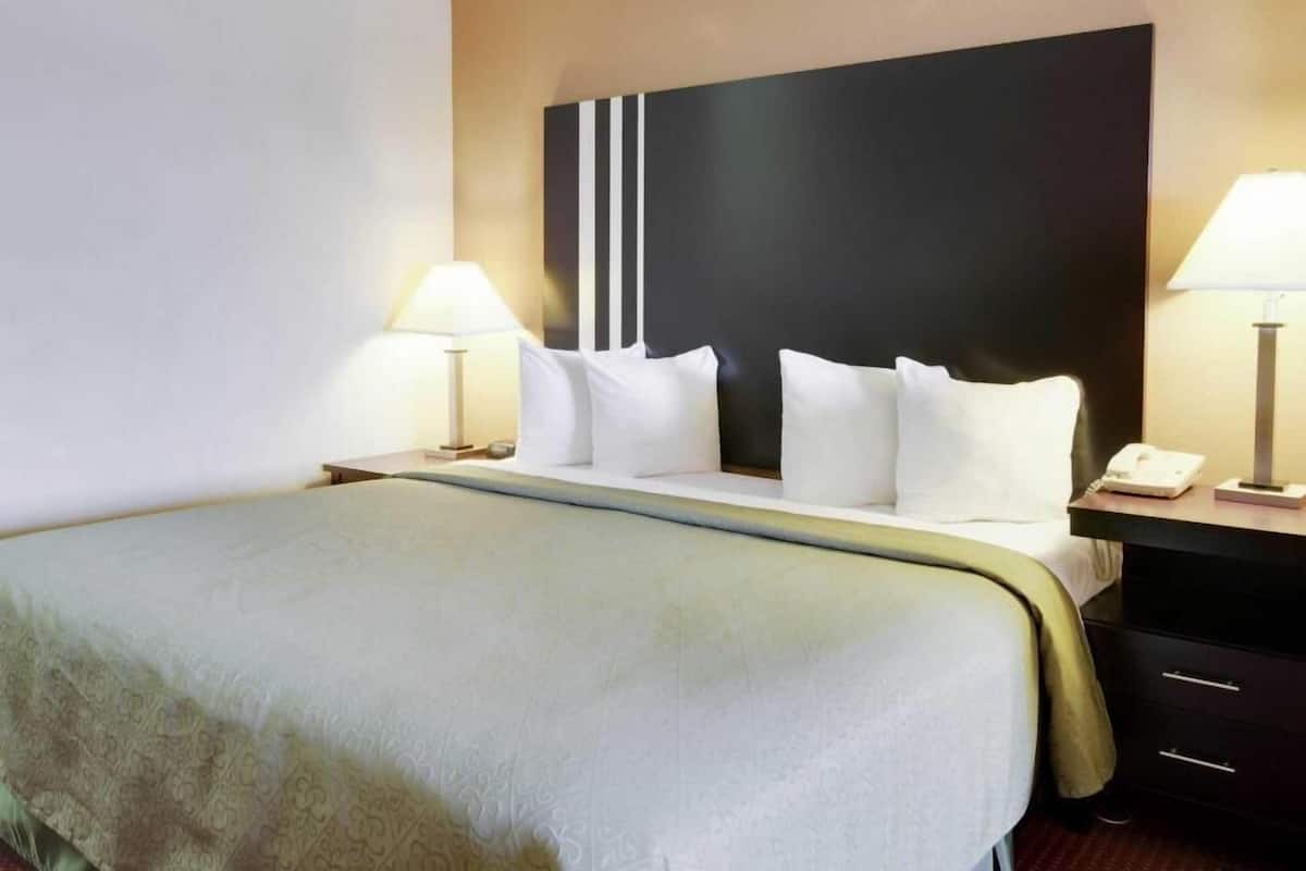 Hotelkamer met een groot bed, twee nachtkastjes, een bureau met lamp en een telefoon.