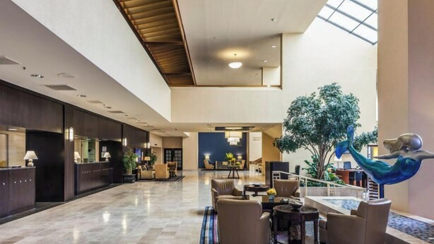 A spacious lobby with a reception desk, seating area, and a large indoor plant. - Sheraton Norfolk Waterside Hotel (Norfolk)