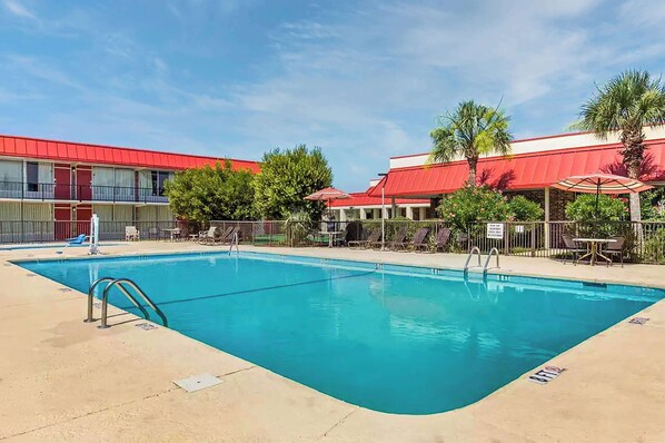 Piscine extérieure, chaises longues